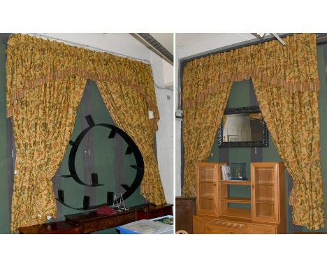 Two Pairs of Decorative Mustard Ground Woven Curtains, depicting birds and fruit on sinuous branches, lined and interlined wi