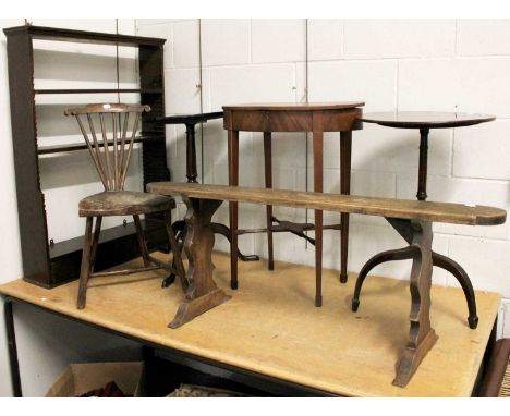 A Small 19th Century Fruitwood Bench, A 19th Century Work Table, A Mahogany Wall Rack, with two shelves, Two Mahogany Tripod 