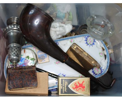 A box of collectables to include ceramic figures, ornaments, EPNS ware, a large bakelite ear horn, trinket boxes, old Rosebud