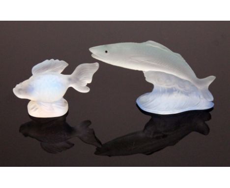 Two opalescent pressed glass fish, one modelled as a gold fish and signed Jobling's Opalique, the other modelled as a leaping