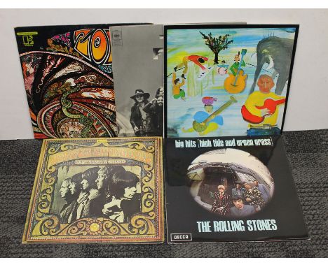 Five 1960s rock LPs comprising The Rolling Stones - Big Hits, Buffalo Springfield - Last Time Around, Music From Big Pink, Th