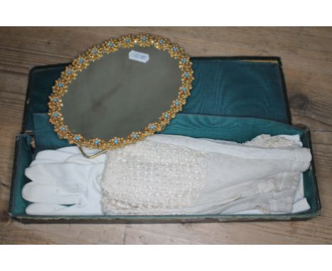 A box of vintage gloves and a decorated mirror.3 pairs of gloves 