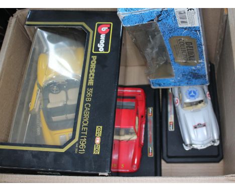 A box of 1:18 and 1:24 car models to include Burago etc. 