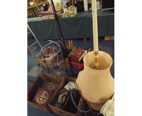 A Standard Lamp, Uplighter Lamp, Vegetable Rack, Two Boxes of Sundries 