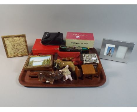 A Tray to Include Hip Flask, Animal Ornaments, Dolls House Furniture, Inlaid Box