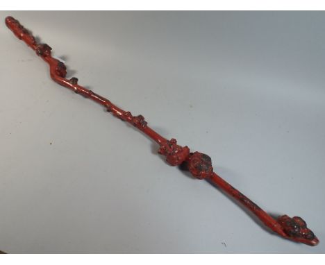 A 19th Century Red Painted Root Wood Oriental Walking Stick with Handle Carved in the Form of Immortal's Head, 100cm Long