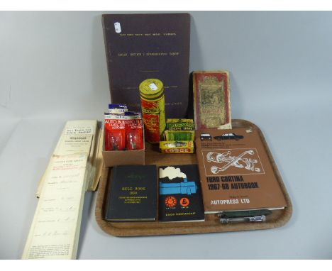 A Tray Containing Vintage Motoring Ephemera, to Include Spark Plug, Bulbs, Books, British Rail Rule Book, Pressure Gauges Etc
