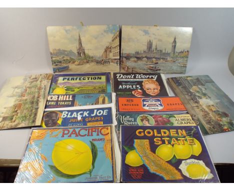 A Collection of Vintage Fruit Box Labels to Include Grapes, Apples, Lemons Etc Together with Four Calendar Prints, Scenes of 