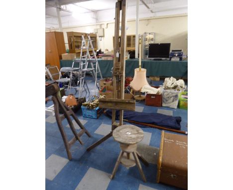 A Vintage Wooden Artists Easel and Revolving Stool  