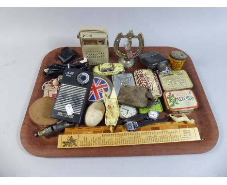 A Tray of Curios to Include Pocket Radio, Whistle, Hip flask, Lighter, Tins etc