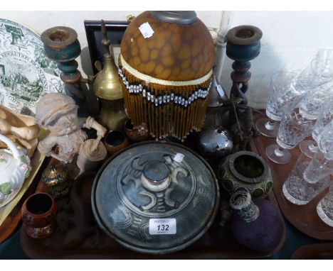 A Tray Containing Ceramics and Metal Wares to Include Islamic Coffee Pots, Table Lamp, Candle Sticks Etc