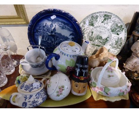 A Tray of Ceramics to Include Decorated Plates, Ceramic Basket, Teapot Etc