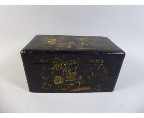 An Early 19th Century Regency Chinoiserie Lacquered Tea Caddy with Gilt Decoration, Hinged Lid to Two Lidded Compartments, 23
