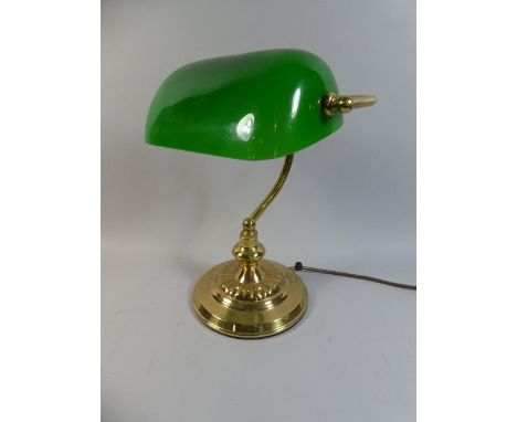 A Reproduction Brass and Green Glass Desk Lamp, 35cm high 