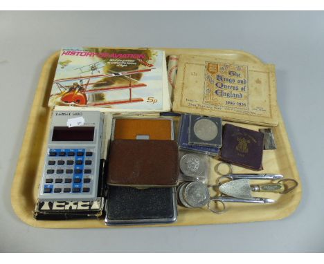 A Tray Containing Tea and Cigarette Card Album and Contents, Various Crowns and Festival of Britain Medal, Vintage Texet Calc