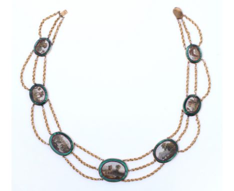 18 kt. Gouden Grand Tour micromozaïek collier en esclavage, vroeg 19e eeuw. met Arcadische landschappen tegen een achtergrond