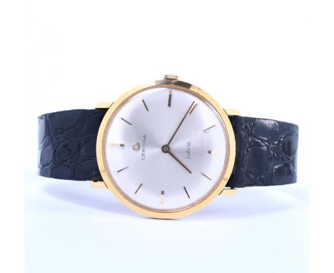 Certina Jubilee, 18 kt. gouden mechanisch heren polshorloge, jaren '60. Aan een zwarte lederen band met doublé gesp (niet ori
