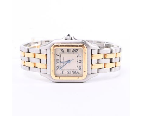 Cartier, stalen met 18 kt. gouden damespolshorloge, quartz. Model Panthère de Cartier. De kroon bezet met saffier, met datuma