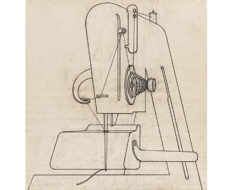 Konrad Klapheck     1935 Düsseldorf - 2023 Düsseldorf Die Fragen der Sphinx. 1984. Kohle und Blaustift auf Transparentpapier.