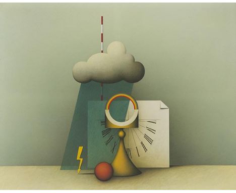 Friedrich Meckseper     1936 Bremen - 2019 Berlin Meteorologisches Stillleben. 1975. Öl auf Leinwand.  Verso auf der Leinwand