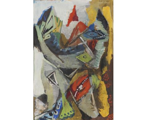 Ernst Wilhelm Nay     1902 Berlin - 1968 Köln Sitzende mit Spiegel. 1946. Gouache auf Papier, auf Unterlagekarton montiert.  
