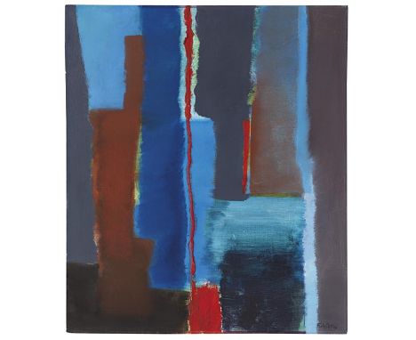 Fritz Winter     1905 Altenbögge - 1976 Herrsching am Ammersee Mit roter Linie. 1966. Öl auf Leinwand.  Rechts unten signiert