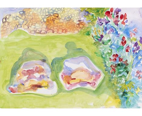 Maria Lassnig     1919 Kappel am Krappfeld/Kärnten - 2014 Wien Paar im Hausgarten. 1980. Aquarell.  Rechts unten signiert, da