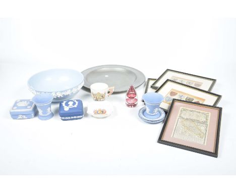 Assorted Wedgwood collectable's and an armorial framed printsTo include Wedgwood Jasper Ware trinket boxes, Wedgwood Queens W