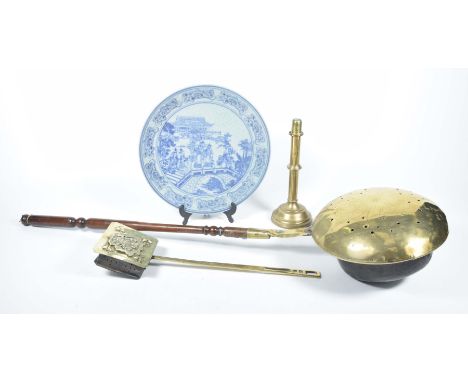 A good collection of brassware to include early warming pan, 18th CenturyThe pan with star and pierced decoration, mounted on