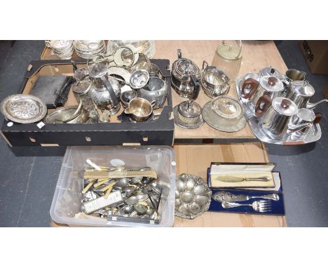 A large collection of silver-plate,To include cased fish servers, tea pot and sugar bowl, bonbon dishes, swing handles cake d