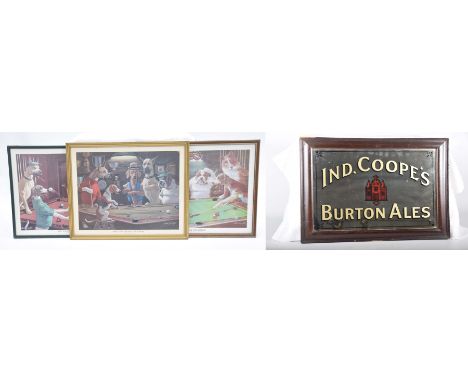 An Ind, Coope's Burton Ales advertising mirror, 20th Century36x49cm mirror in wooden frame, three amusing dog playing snooker