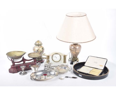 A set of cast iron and brass kitchen scales, 20th CenturyQuantity of plated silver to include swing handle bonbon dish, cream