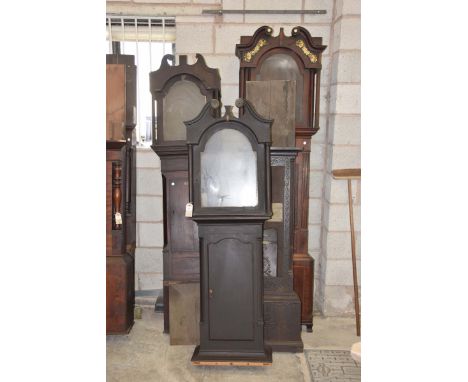 Five assorted longcase clock cases To include three glazed examples including a George III inlaid mahogany case with quarter 