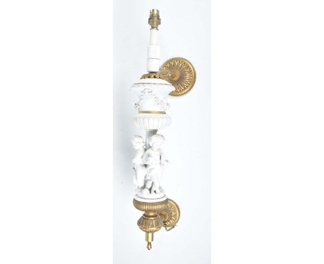A classical style twin mounted wall light, late 20th CenturyThe white body decorated with three cherubs, with flower garlands