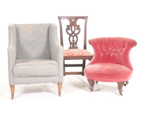 Three assorted 19th Century chairsTo include a Victorian red velour button back nursing chair raised on scroll terminal front