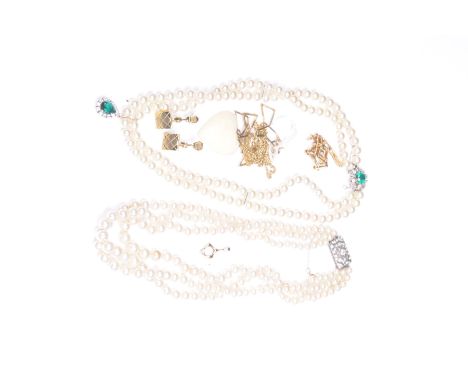 A 9ct gold and diamond set pendantOf abstract open work form, together with, a yellow metal baton-link chain and heart pendan