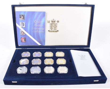A cased set of twelve silver proof coins relating the Queen Mother Centenary collectionIssued by the Royal Mint in 2000, comp