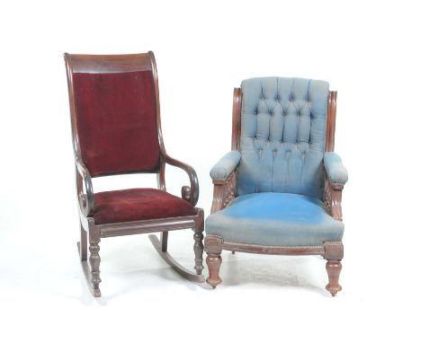 Two Victorian chairsTo include a mahogany and red velour rocking chair with downswept scroll arms raised on turned front legs