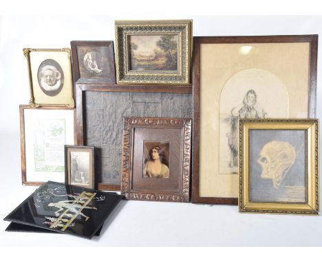 A crystoleum early 20th CenturyDepicting a young girl 13x9.5cm, in a carved oak frame, further pictures to include a scull, p
