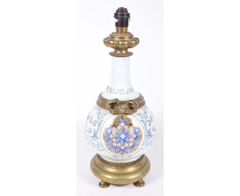 Good quality porcelain and gilt mounted table lamp, circa 1900,The pale blue bodied bulbous shaped lamp with gilt decoration,