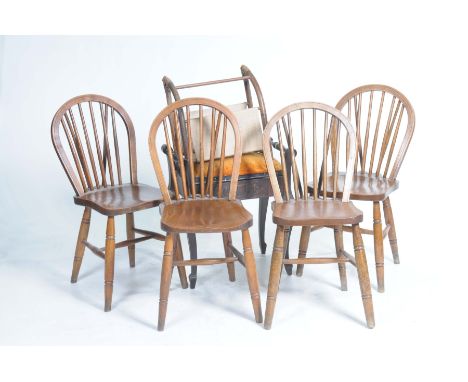 A set of four elm kitchen chairs, piano stool and bamboo magazine rackThe elm seated kitchen chairs with hoop stick backs, ra