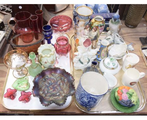 A collection of pottery, porcelain and glass,Items to include a Staffordshire model of a courting couple on a hilly outcrop, 