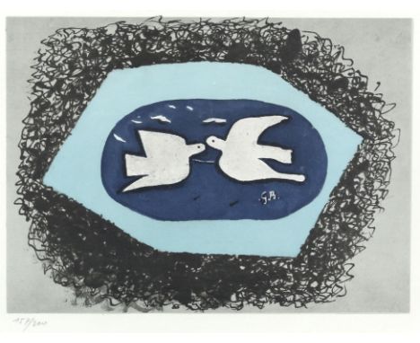 After Georges Braque, limited edition print depicting two white birds within a light blue hexagon on a black and grey ground,