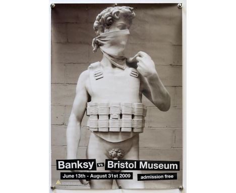 After Banksy, 'Bomb Hugger' reproduction poster stuck on card, 41 x 25cm, and 'Banksy vs Bristol Museum', exhibition poster, 