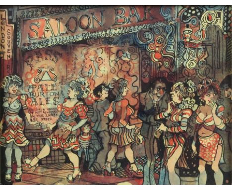 Pat Cooke (British, 1935-2000). 'Gin Palace', watercolour, signed and dated 1976 below the Saloon Bar sign, 18 x 23cmWith han
