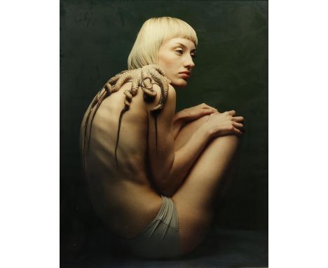 Photographic print of a semi nude lady with octopus on her shoulder in the style of Marta Bevacqua, unsigned, 100.5 x 78.5cm