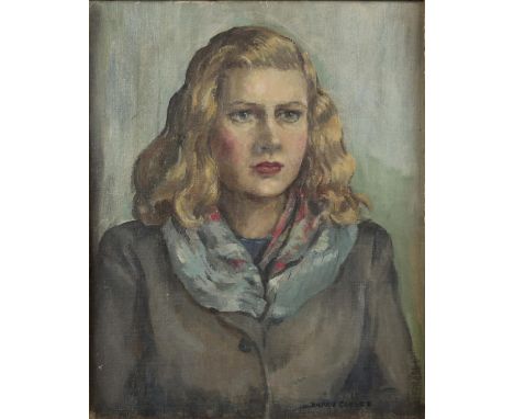 Hilary Dulcie Cobbett (British, 1885-1976), Head and shoulder portrait of a young woman wearing a scarf and coat, possibly a 