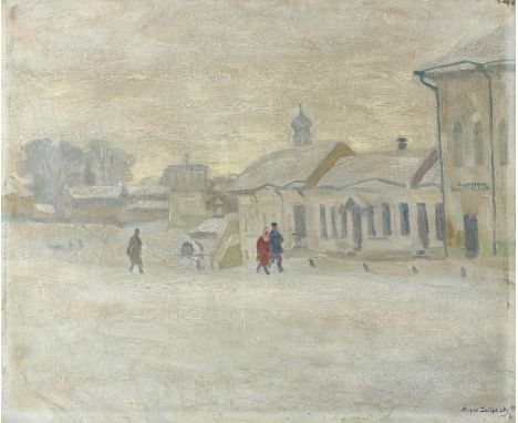 Arnold Borisovich Lakhovsky (Russian, 1880-1937). Street in Winter, Pskov. Oil on canvas. Signed lower right, signed again an