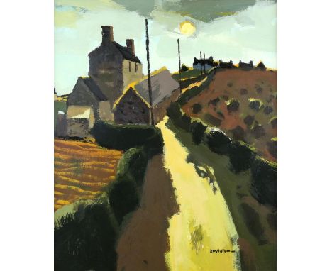 § Donald McIntyre (British, 1923-2009). 'Road over the hill', signed, oil on board, 59.5cm x 49cm, handwritten label verso. B