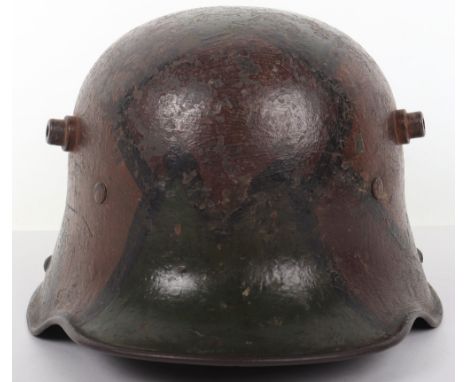 WW1 German M-16 Camouflaged Steel Combat Helmet, good example with standard block form three colour camouflage paint scheme w
